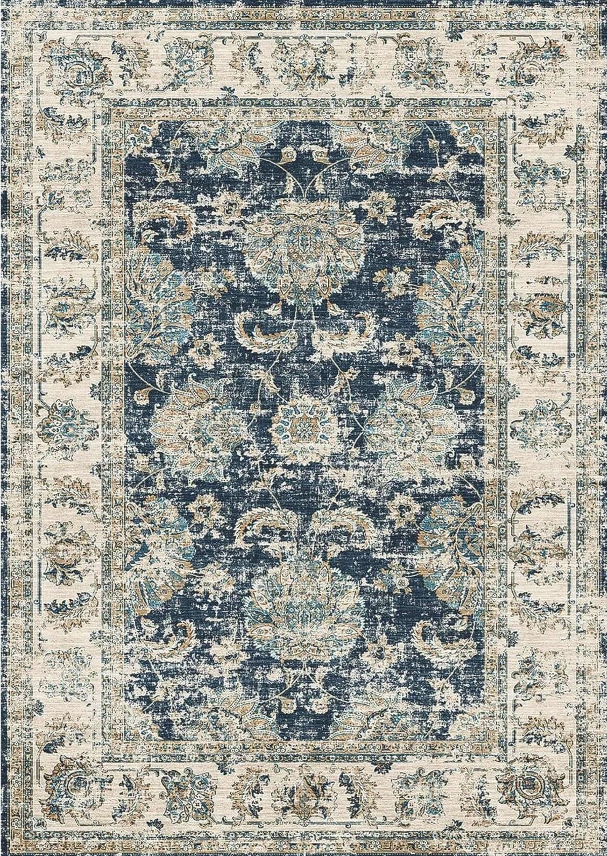 Elegant blue and cream patterned washable rug with intricate floral design and vintage appeal