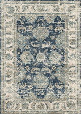 Elegant blue and cream patterned washable rug with intricate floral design and vintage appeal