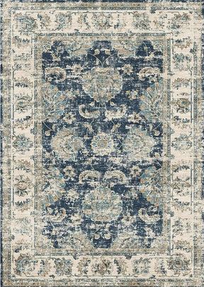 Elegant blue and cream patterned washable rug with intricate floral design and vintage appeal