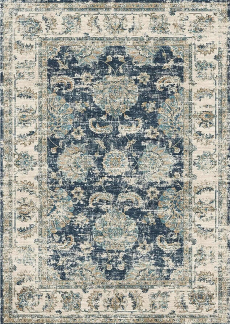 Elegant blue and cream patterned washable rug with intricate floral design and vintage appeal