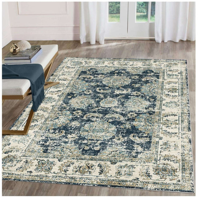Elegant washable rug with a traditional floral pattern in navy and cream for stylish home decor