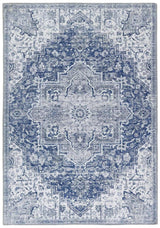 Beautiful blue and white traditional patterned washable rug with intricate detailing for living spaces