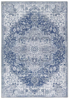 Beautiful blue and white traditional patterned washable rug with intricate detailing for living spaces