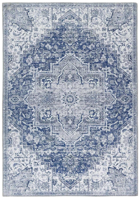 Beautiful blue and white traditional patterned washable rug with intricate detailing for living spaces
