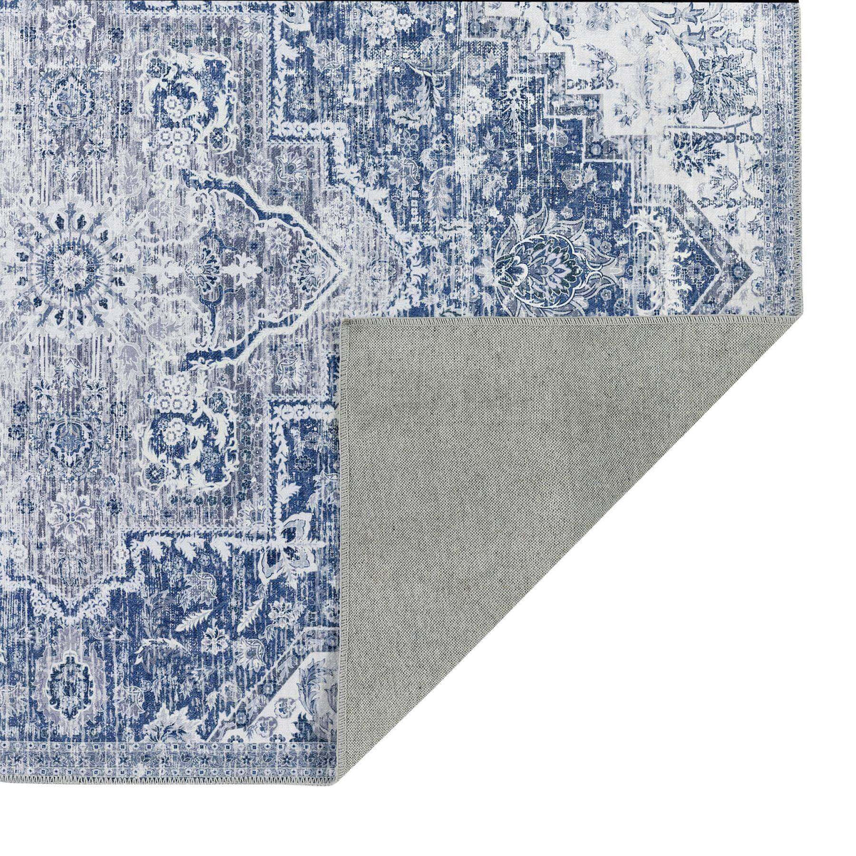 Washable Rug featuring intricate blue and grey patterned design with a soft backing