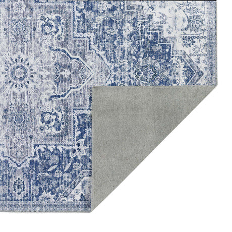 Washable Rug featuring intricate blue and grey patterned design with a soft backing