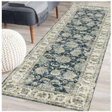 Elegant washable rug in navy and cream with intricate floral patterns, perfect for home decor