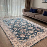 Elegant blue and beige Washable Rug with floral design perfect for modern living spaces