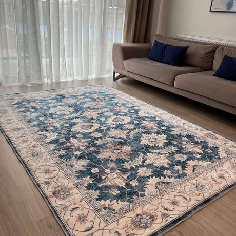 Elegant blue and beige Washable Rug with floral design perfect for modern living spaces