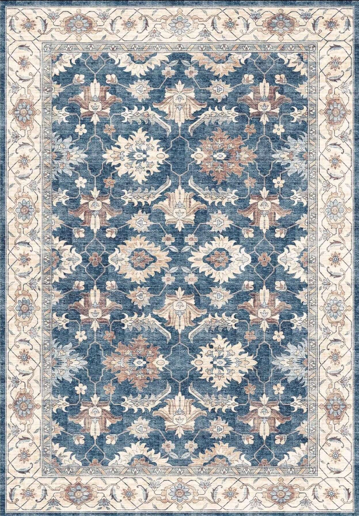 Elegant blue and cream floral patterned washable rug, perfect for adding a stylish touch to any room