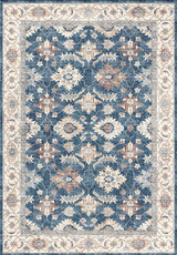 Elegant blue and cream floral patterned washable rug, perfect for adding a stylish touch to any room