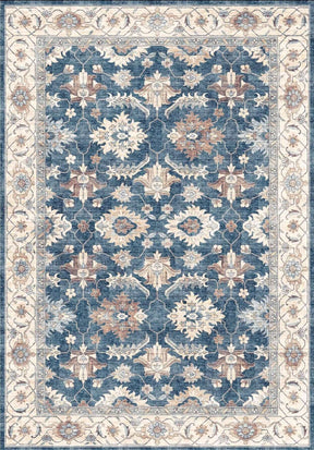 Elegant blue and cream floral patterned washable rug, perfect for adding a stylish touch to any room