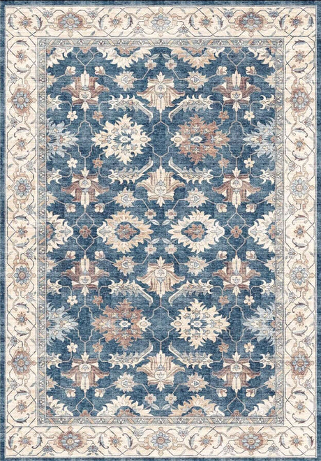 Elegant blue and cream floral patterned washable rug, perfect for adding a stylish touch to any room