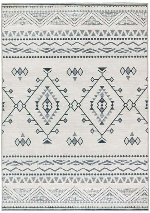 Stylish washable rug featuring geometric patterns in shades of grey and cream for modern interiors