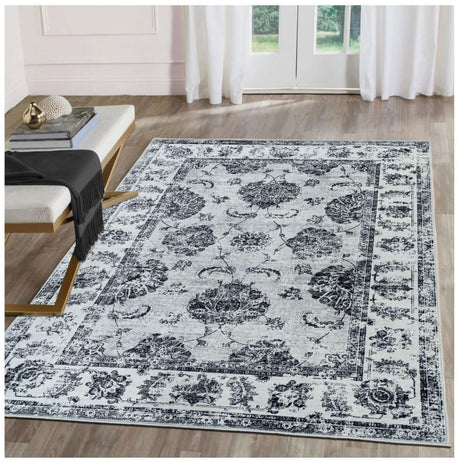 Elegant washable rug in grey and black floral pattern, perfect for modern home decor