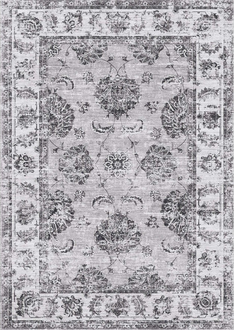 Elegant grey and white patterned washable rug with intricate floral designs for stylish interiors