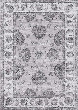 Elegant grey and white patterned washable rug with intricate floral designs for stylish interiors