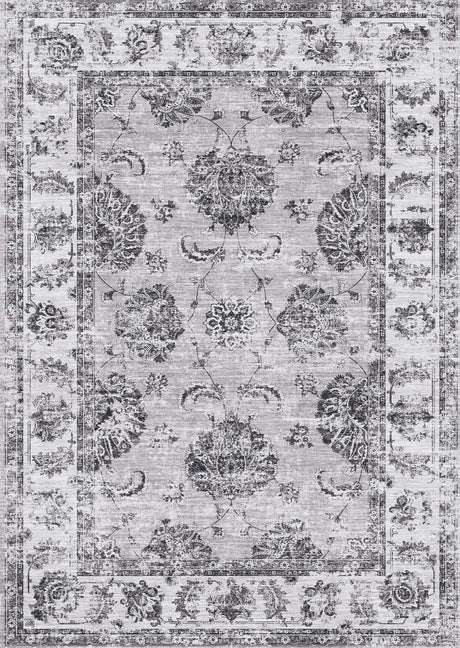 Elegant grey and white patterned washable rug with intricate floral designs for stylish interiors