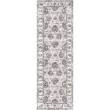 Elegant washable rug with intricate floral patterns in grey and cream, ideal for hallways
