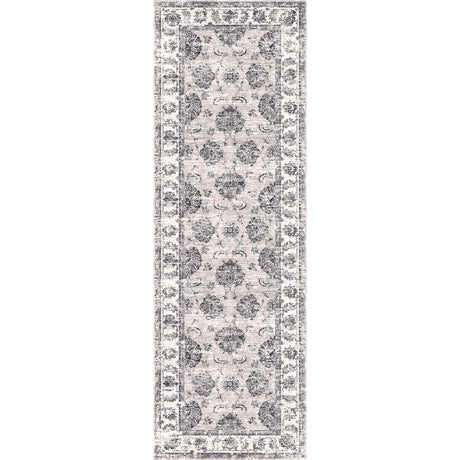 Elegant washable rug with intricate floral patterns in grey and cream, ideal for hallways