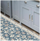 Stylish washable rug with floral pattern in blue and beige, placed in a kitchen with grey cabinets