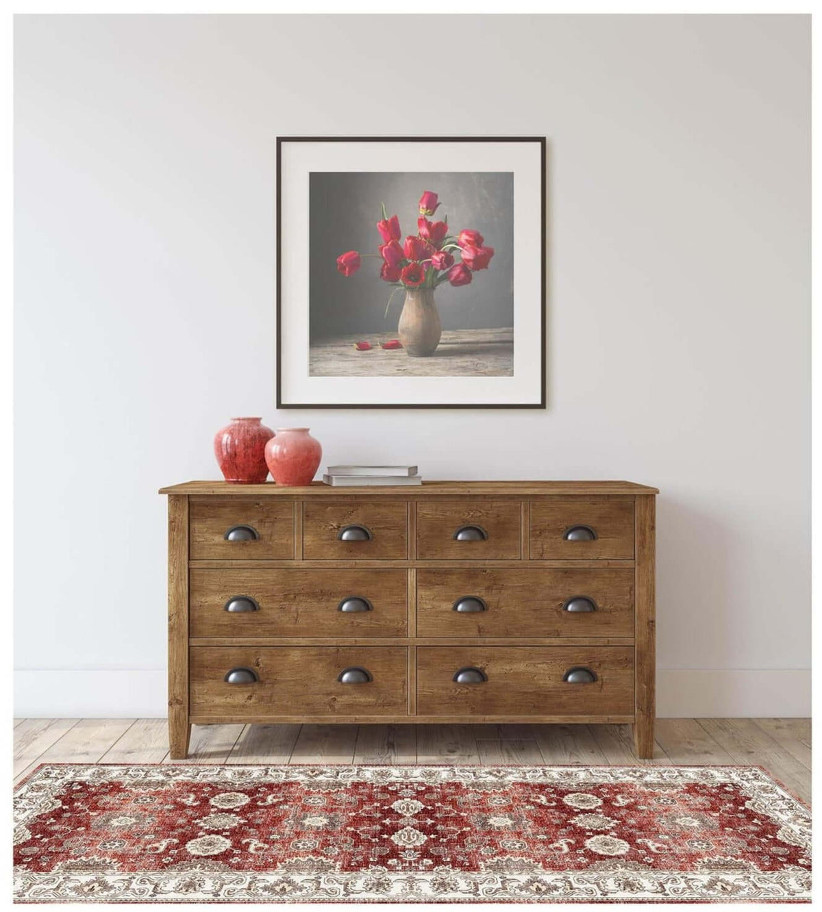 Traditional patterned washable rug in a warm colour palette, enhancing a wooden dresser with decor