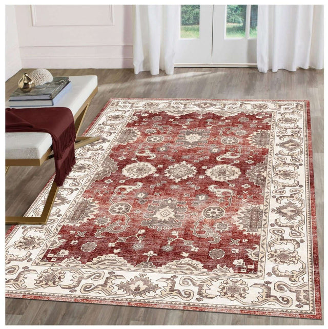 Elegant red and cream patterned washable rug with intricate design for stylish interiors