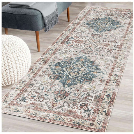 Elegant vintage-style washable rug with intricate patterns in neutral tones for stylish interiors