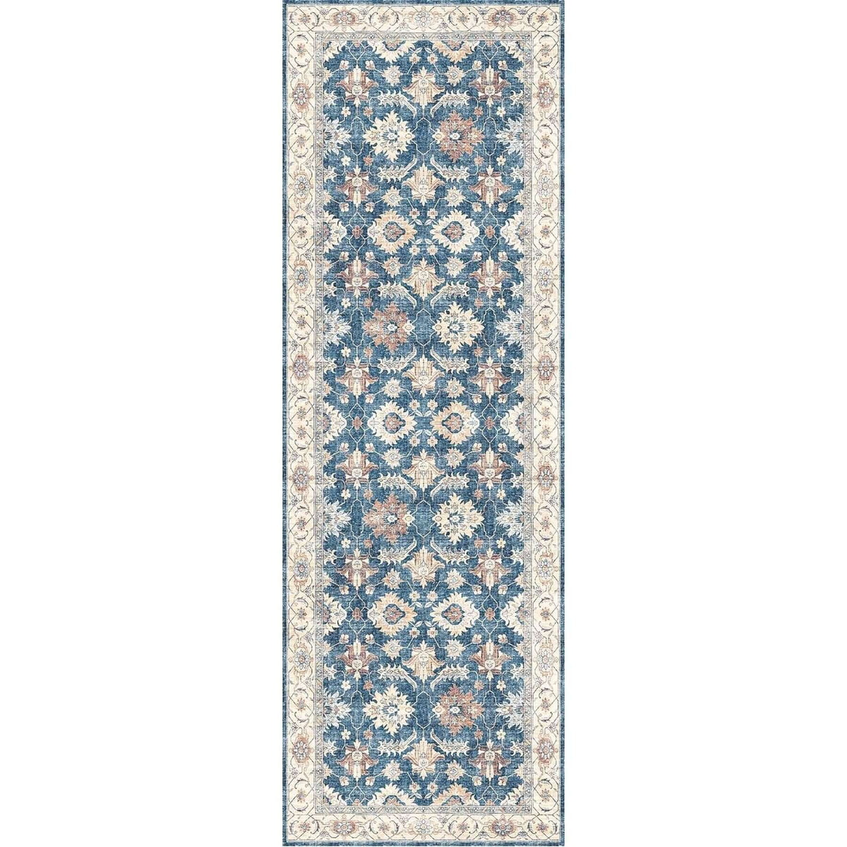 Long blue and cream patterned washable rug with floral designs, perfect for hallways