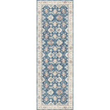 Long blue and cream patterned washable rug with floral designs, perfect for hallways