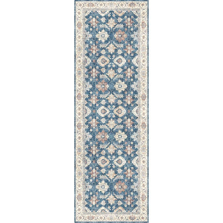 Long blue and cream patterned washable rug with floral designs, perfect for hallways