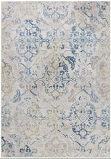 Elegant washable rug with intricate blue and green floral patterns on a light background