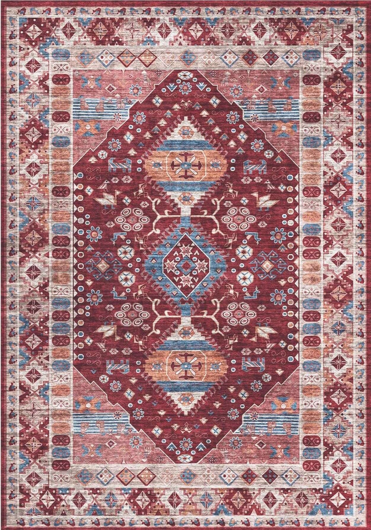 Elegant traditional patterned washable rug in burgundy and blue tones, perfect for any living space