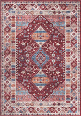 Elegant traditional patterned washable rug in burgundy and blue tones, perfect for any living space