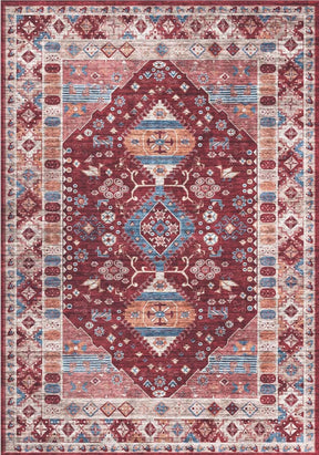 Elegant traditional patterned washable rug in burgundy and blue tones, perfect for any living space