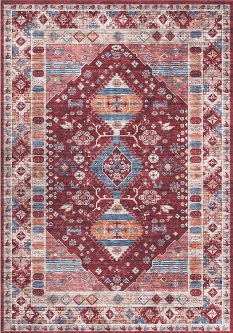 Elegant traditional patterned washable rug in burgundy and blue tones, perfect for any living space