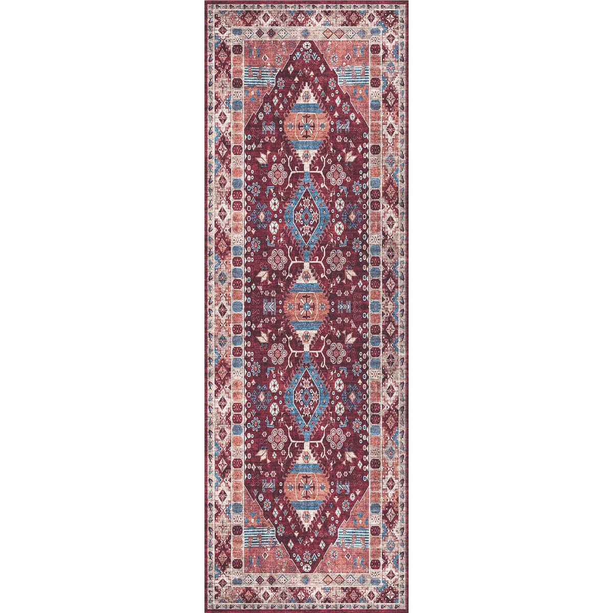 Vintage-style long washable rug with intricate patterns in red and blue hues for versatile decor