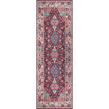 Vintage-style long washable rug with intricate patterns in red and blue hues for versatile decor