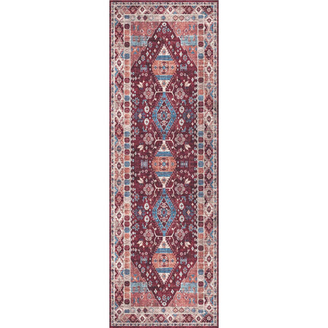 Vintage-style long washable rug with intricate patterns in red and blue hues for versatile decor