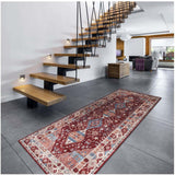 Traditional patterned washable rug placed beside modern stairs in a stylish living space
