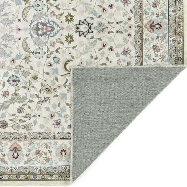 Elegant washable rug with intricate floral pattern and soft grey backing for easy maintenance