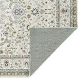 Elegant washable rug with intricate floral pattern and soft grey backing for easy maintenance