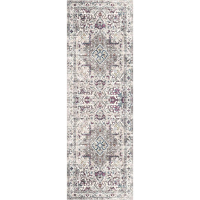 Elegant Washable Rug with intricate patterns in shades of grey and purple, perfect for any hallway