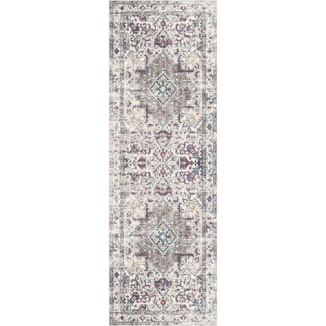 Elegant Washable Rug with intricate patterns in shades of grey and purple, perfect for any hallway