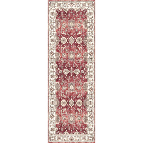Elegant Washable Rug with intricate floral patterns in red and cream tones for stylish home decor