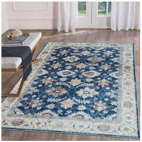 Blue and cream floral patterned washable rug perfect for adding elegance to any living space