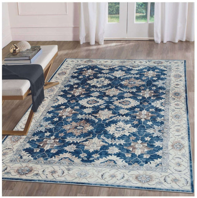 Blue and cream floral patterned washable rug perfect for adding elegance to any living space