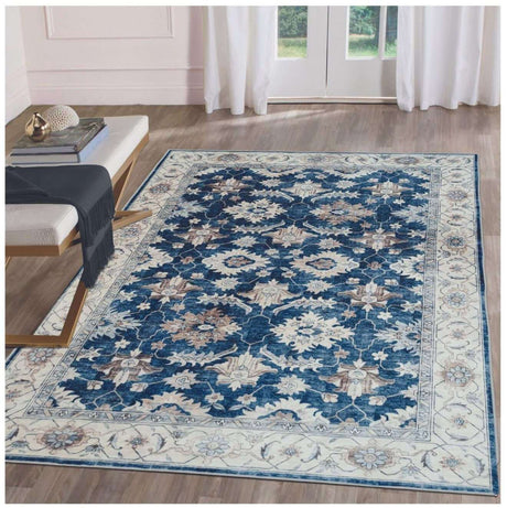 Blue and cream floral patterned washable rug perfect for adding elegance to any living space