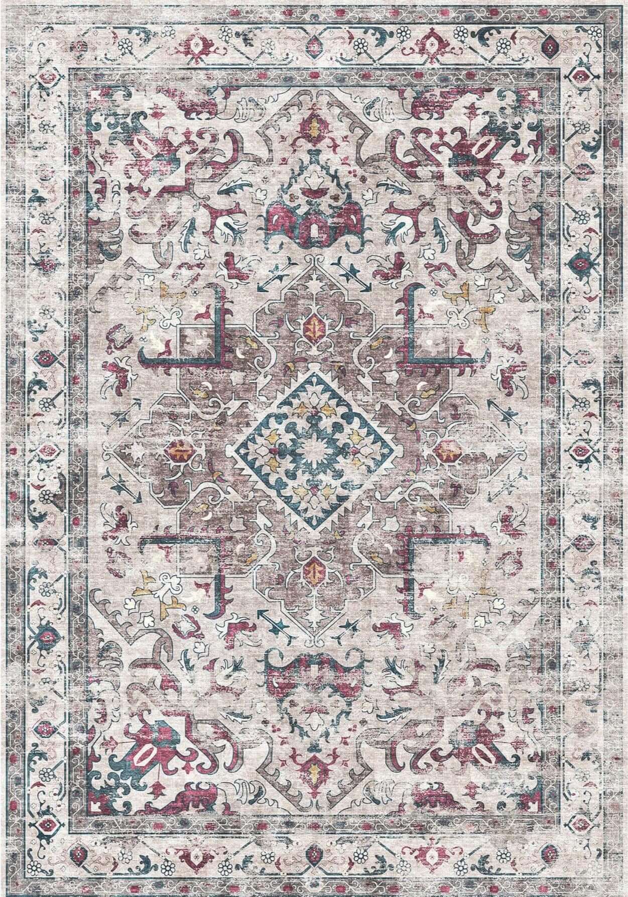 Elegant patterned washable rug with intricate floral designs in muted colours for home decor