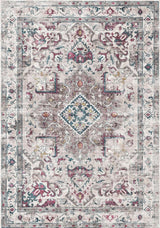 Elegant patterned washable rug with intricate floral designs in muted colours for home decor